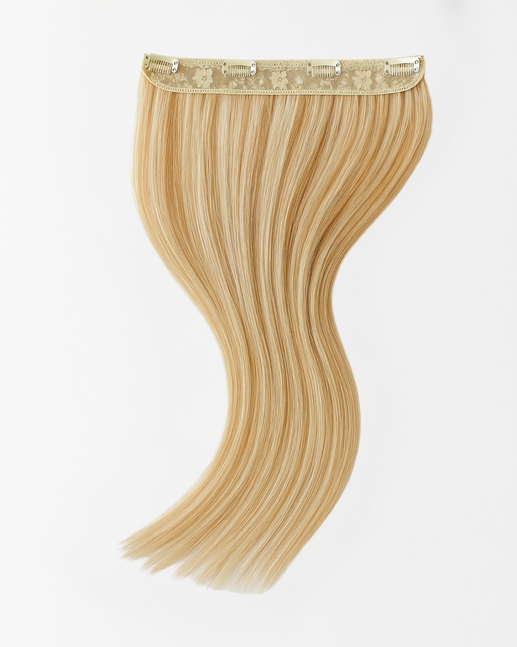 Premium real hair clip-in extensions in golden honey blonde hair