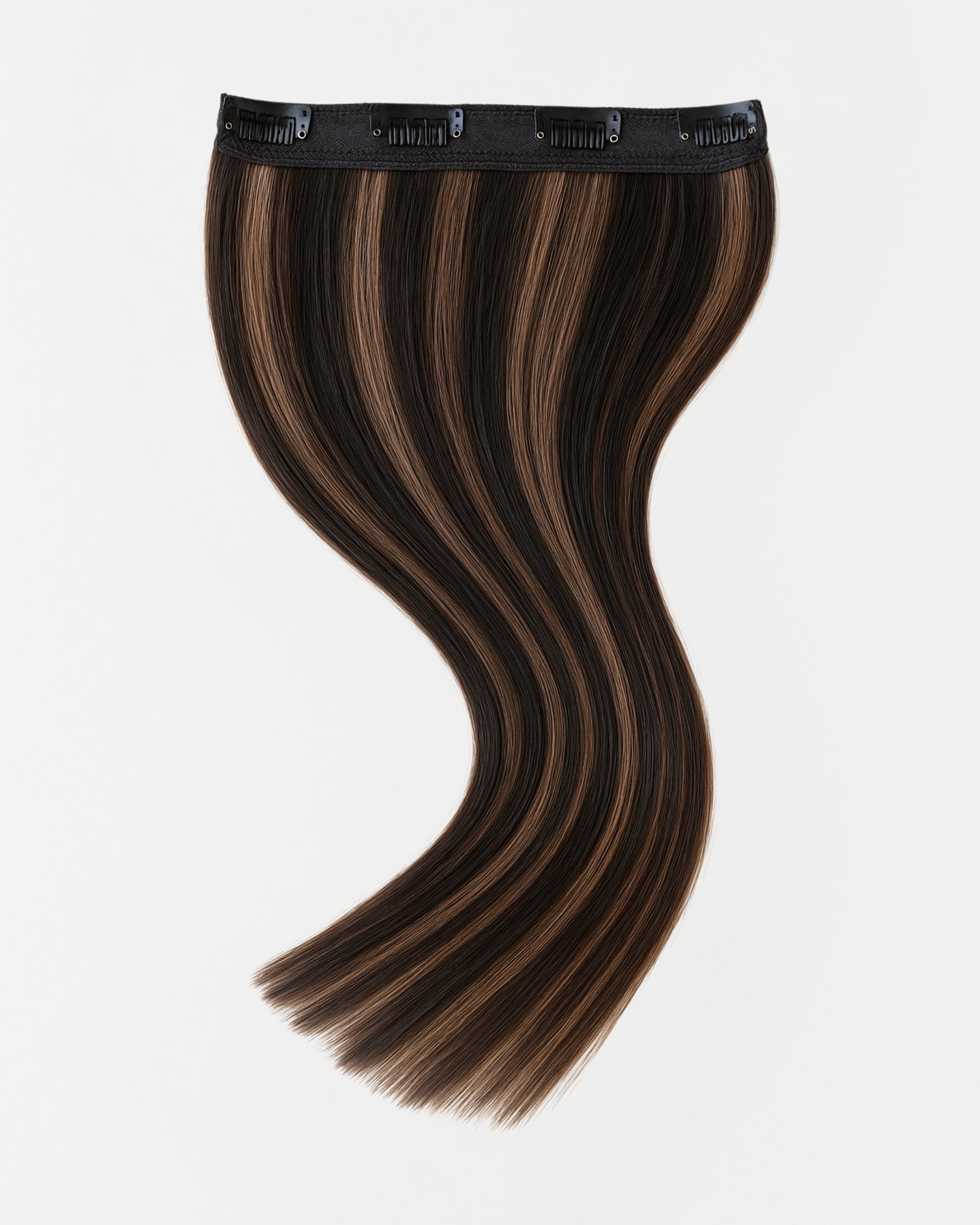 Premium real hair clip-in extensions in dark brown mixed with warm beige highlight hair