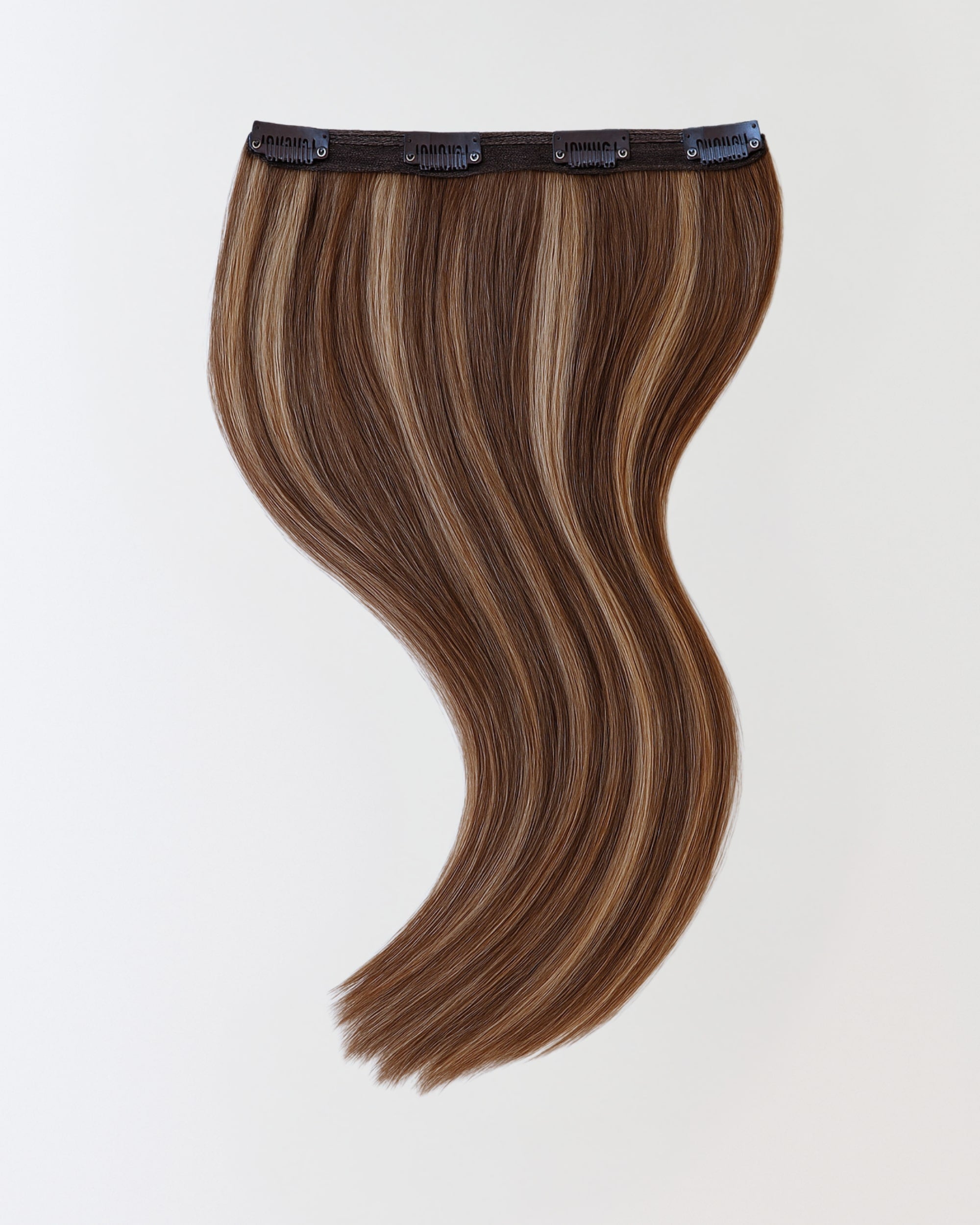 Premium real hair clip-in extensions in natural brown mixed with warm beige highlight hair