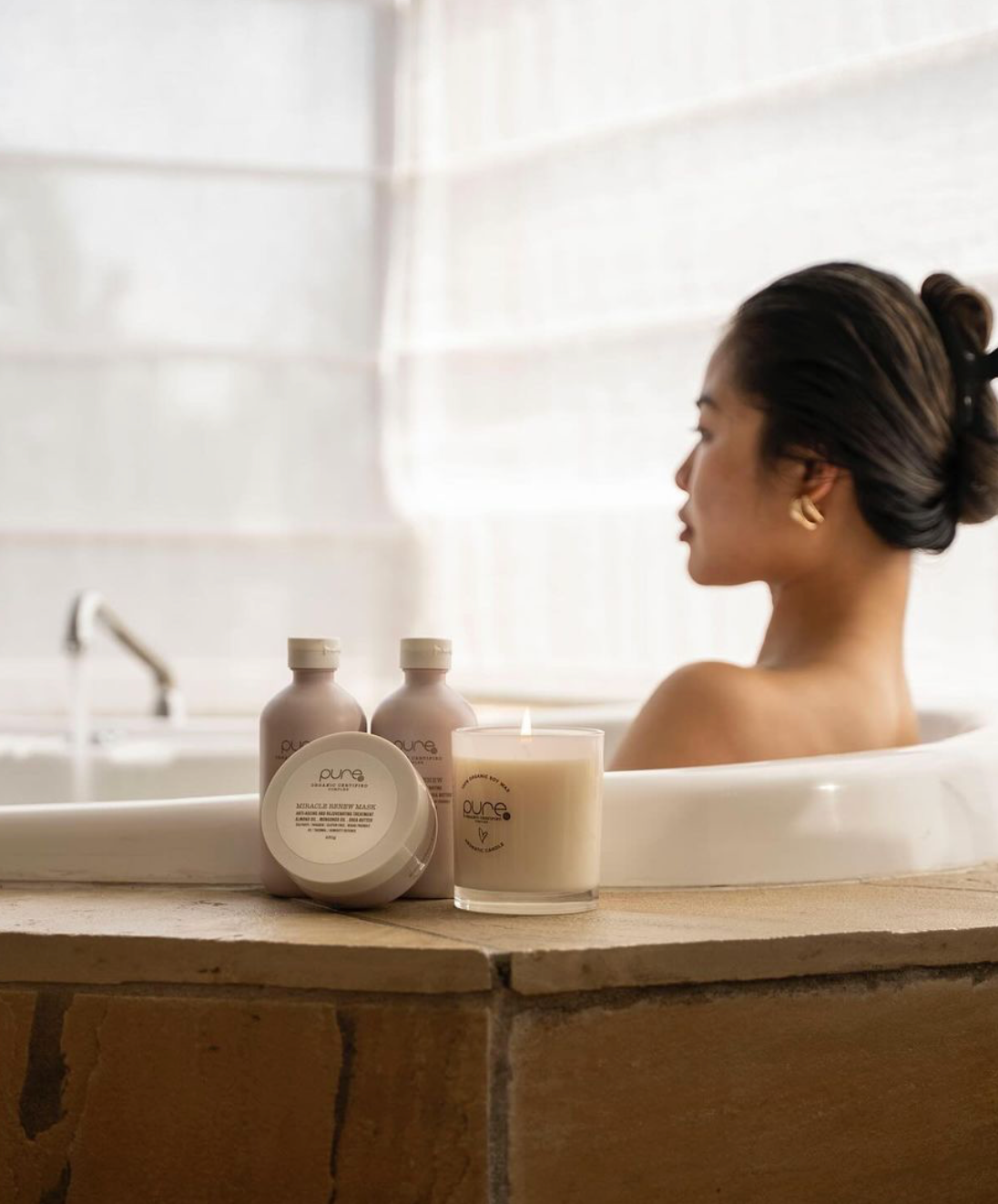 Pure Precious regimen in action: nourishing shampoo, conditioner and leave-in treatment working together for repaired, restored and healthy-looking hair.