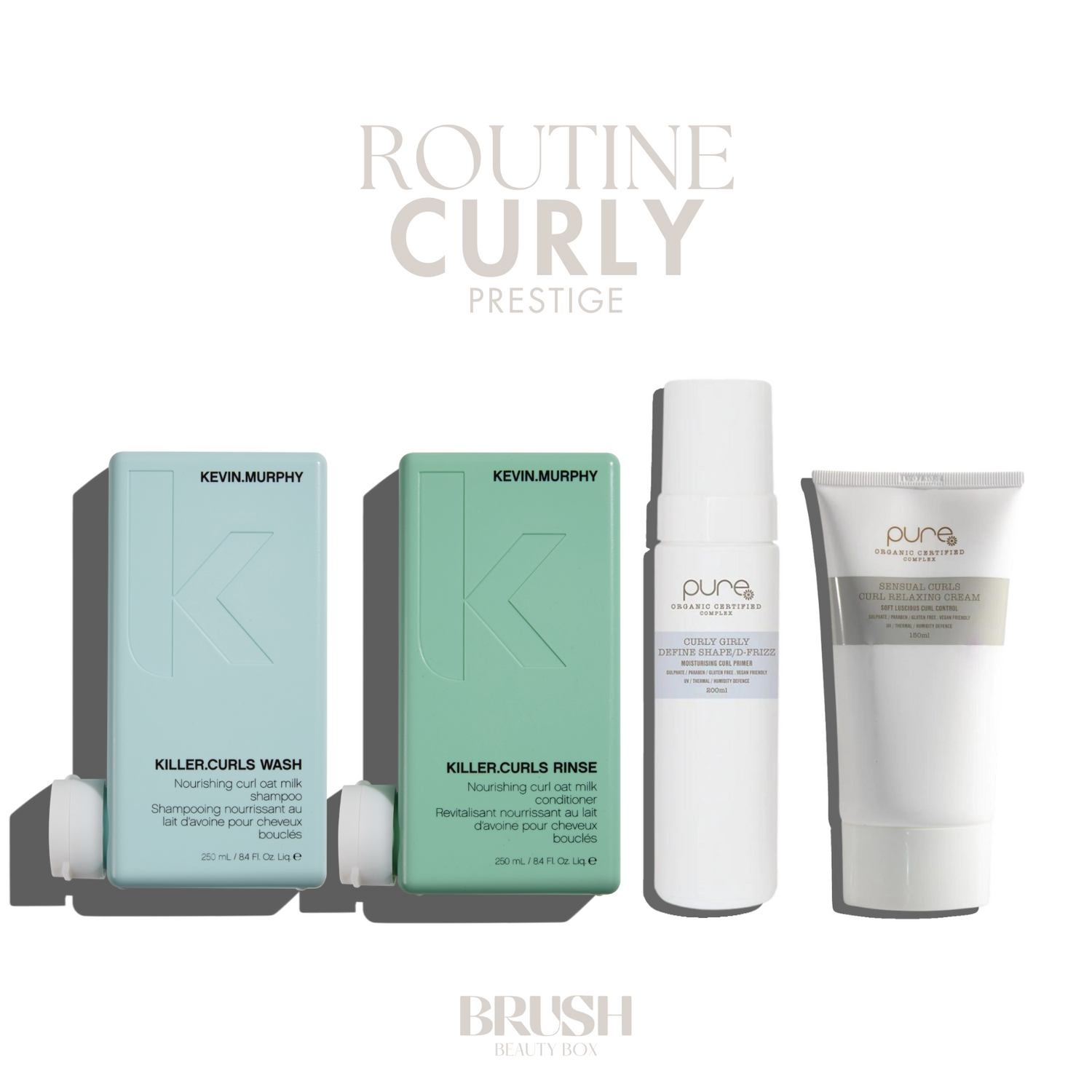 BRUSH Curly Hair Routine including Kevin Murphy Killer Curls Wash and Rinse, Pure Curly Girly, and Pure Sensual Curls Cream for defined, hydrated, and frizz-free curls.