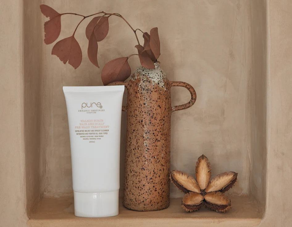 Pure Walnut Scrub leaves hair and scalp cleansed and nourished with the 100% certified Organic Complex.