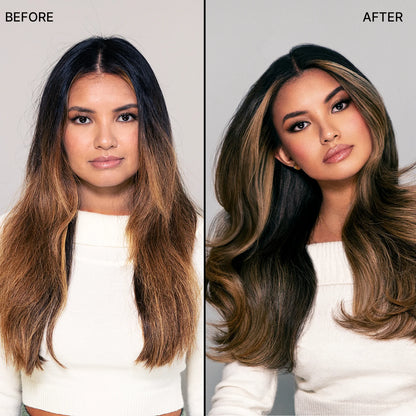 Before and after using Chris Appleton + Color Wow Money Masque, transforming straight hair that is dry and damaged into smooth, glossy, and hydrated locks.