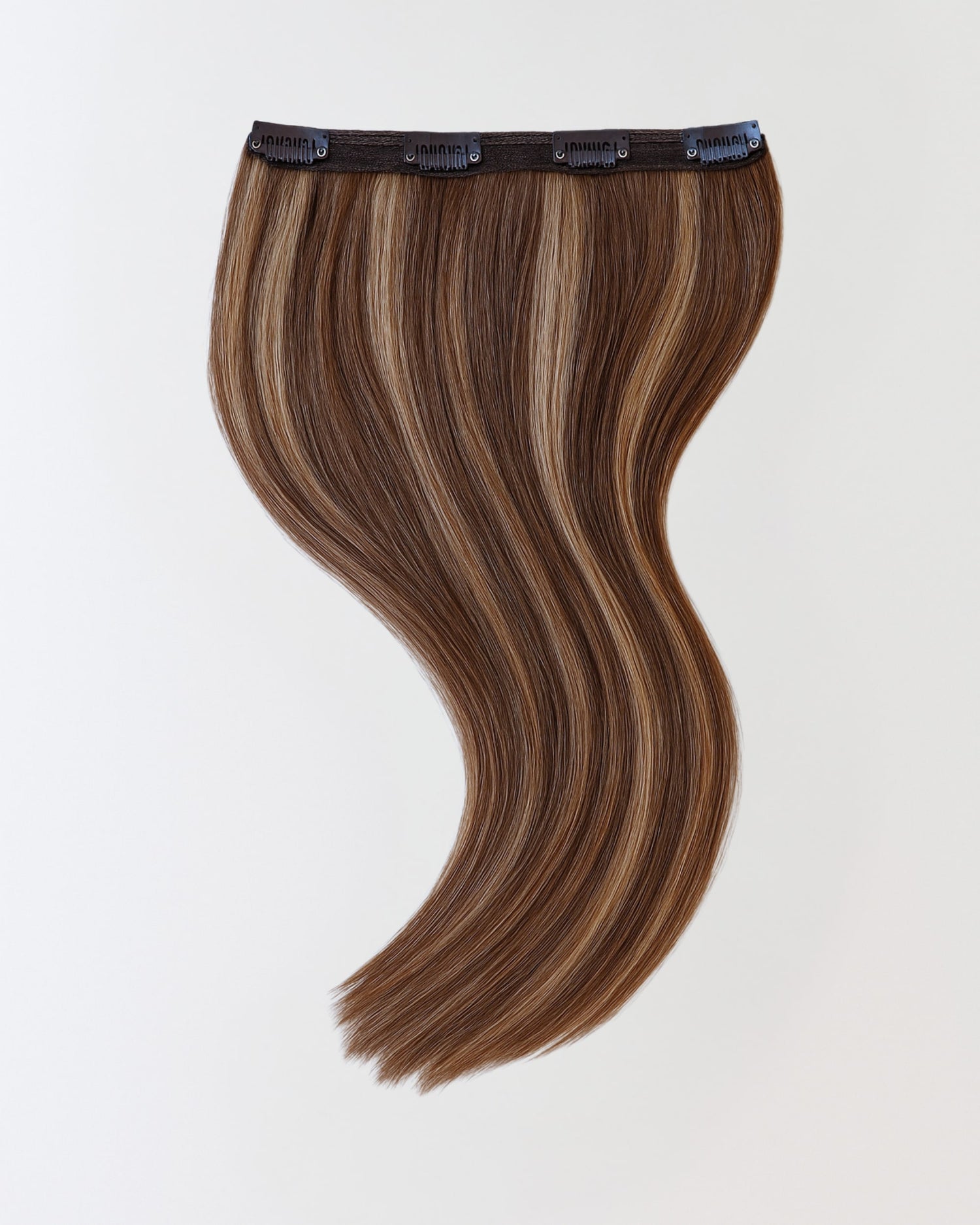 Premium real hair clip-in extensions in natural brown mixed with warm beige highlight hair 
