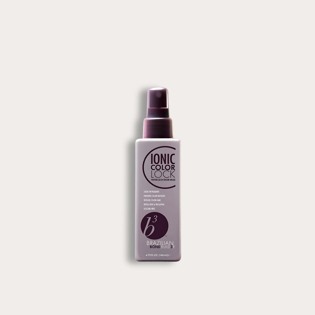 The Brazilian Bond Builder Ionic Color Lock Spray is designed to protect and lock in color, ensuring long-lasting vibrancy and preventing color fade in color-treated hair.