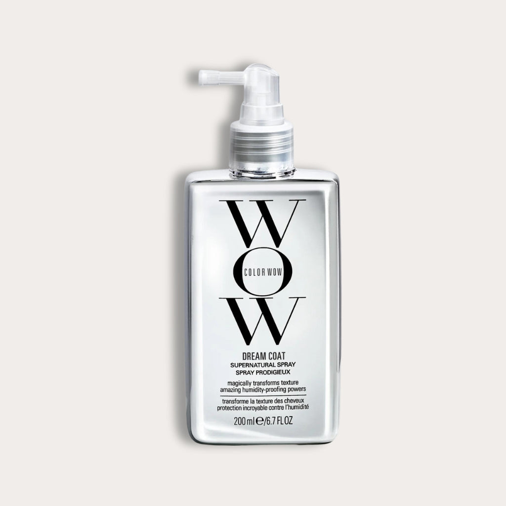 Color Wow Dream Coat Spray provides humidity-proofing and frizz control, creating sleek, shiny, and smooth hair. It forms a protective barrier against moisture, leaving hair glossy and frizz-free.