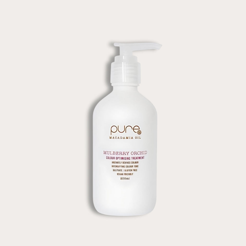 Pure Organic Mulberry Orchid Color Treatment adds mauve tones, nourishing formula for darker hair and deeper pink tones for lighter hair.