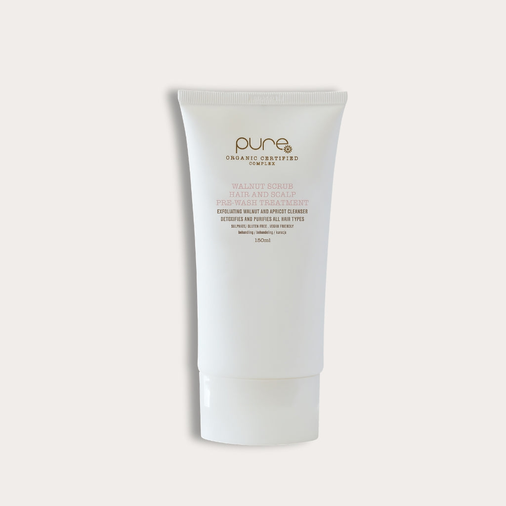 Pure Walnut Scalp Scrub is a gentle exfoliating and cleansing treatment prewash before shampooing for a hair and scalp detox.